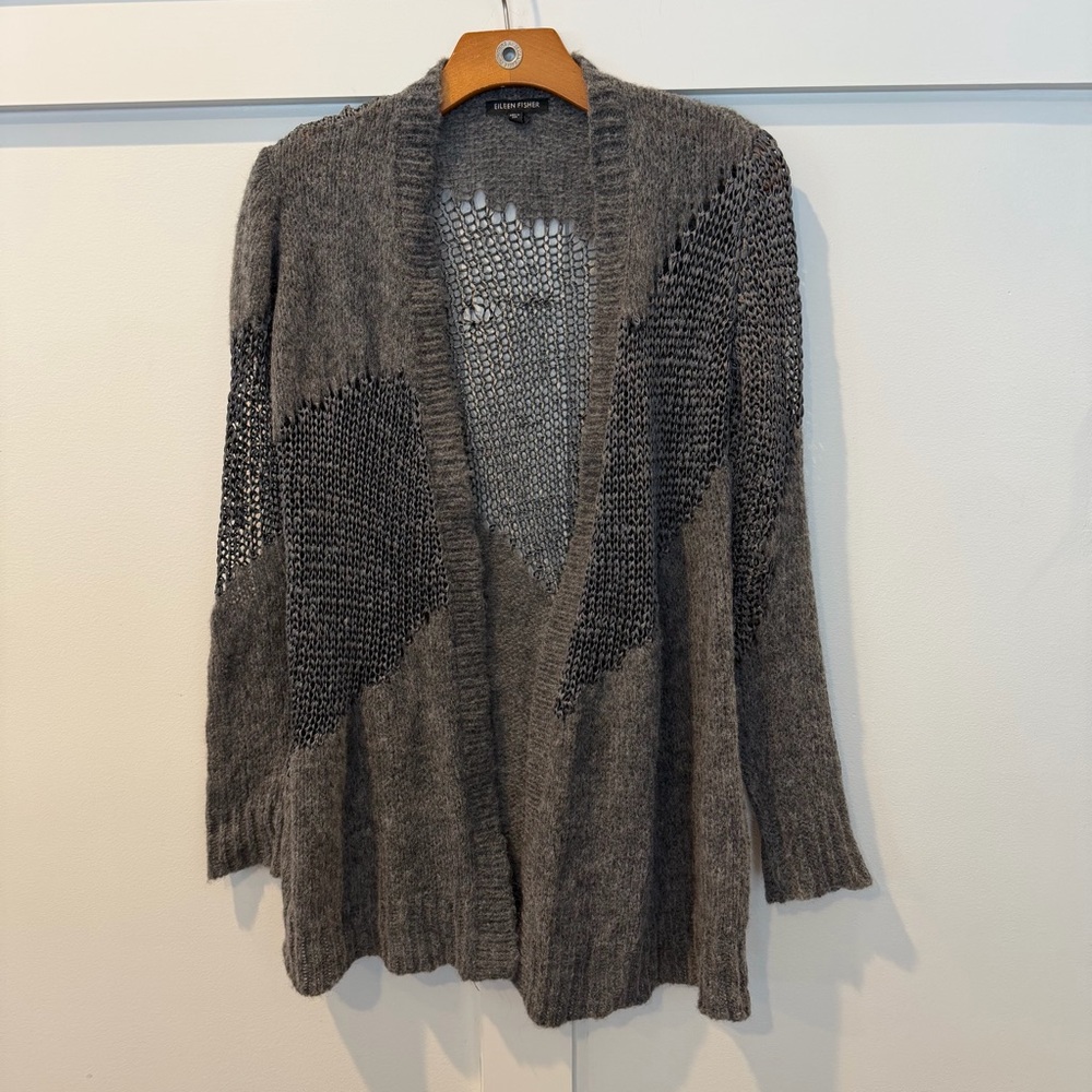 Eileen Fisher Sweater Gray Open Front Weave Wool Blend Cardigan Long Line XS - Picture 1 of 9